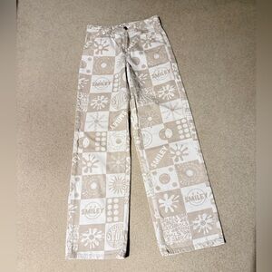 H&M Cream and White Graphic Smiley Wide-Leg Pants
